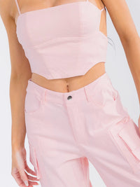 WOMEN'S SLEEVELESS CROP TOP & BUTTON CLOSURE CARGO PANTS SOLID 2PC. SET