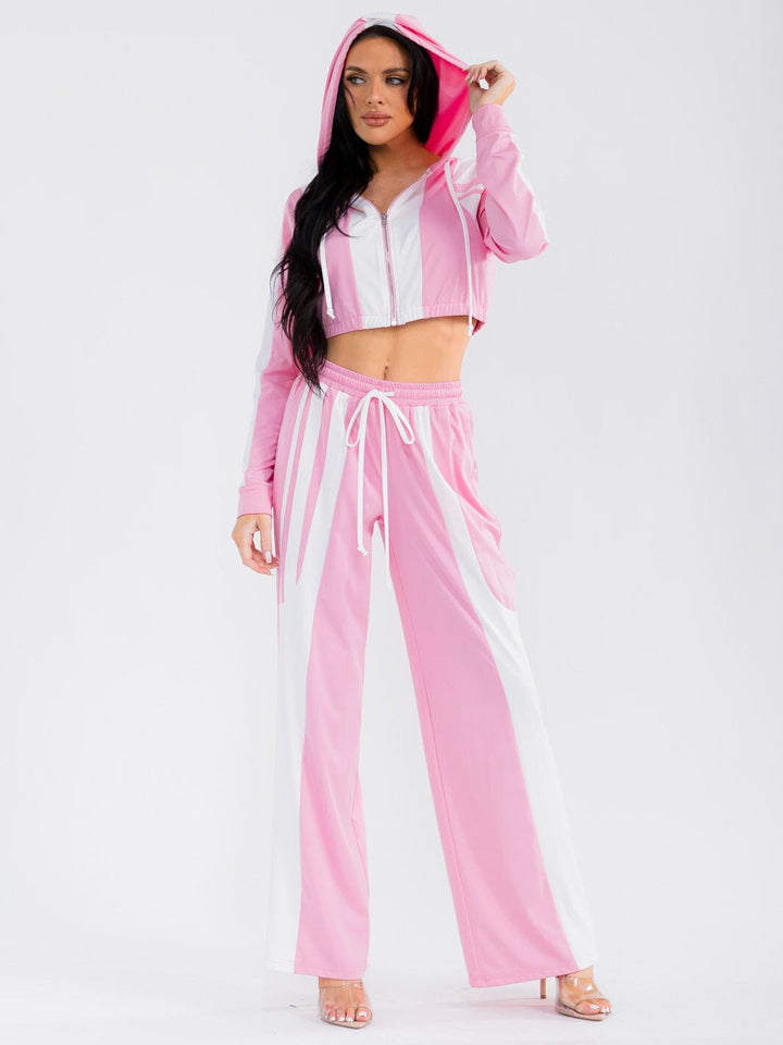 WOMEN'S LONG SLEEVE CROP JACKET & ELASTIC WAIST PANTS COLORBLOCK 2PC. SET