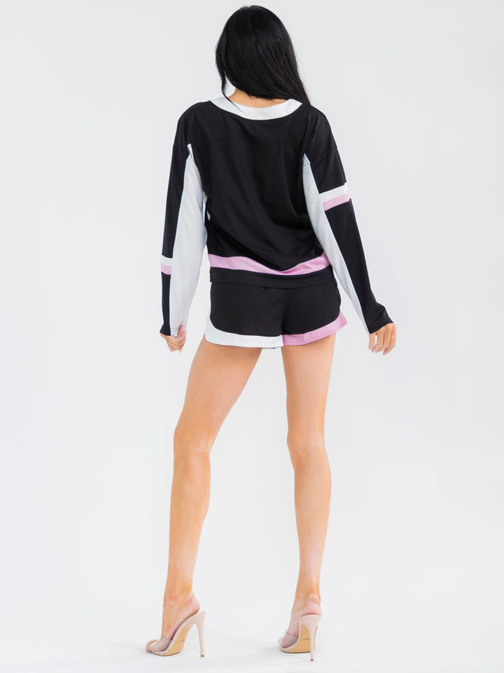 WOMEN'S LONG SLEEVE PULLOVER TOP & ELASTIC WAIST MINI SHORTS GRAPHIC 2PC. SET