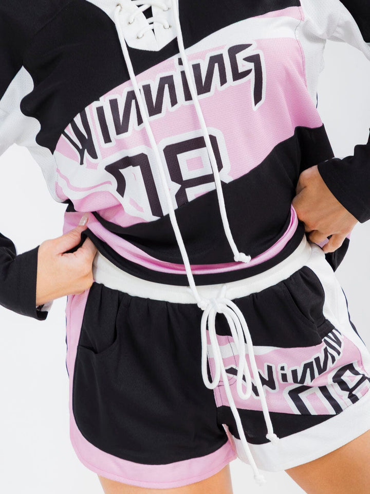 WOMEN'S LONG SLEEVE PULLOVER TOP & ELASTIC WAIST MINI SHORTS GRAPHIC 2PC. SET
