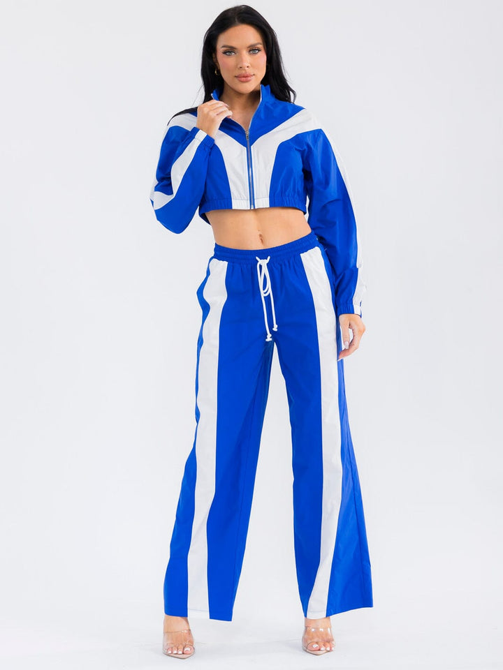 WOMEN'S LONG SLEEVE CROP JACKET & ELASTIC WAIST PANTS COLORBLOCK 2PC. SET