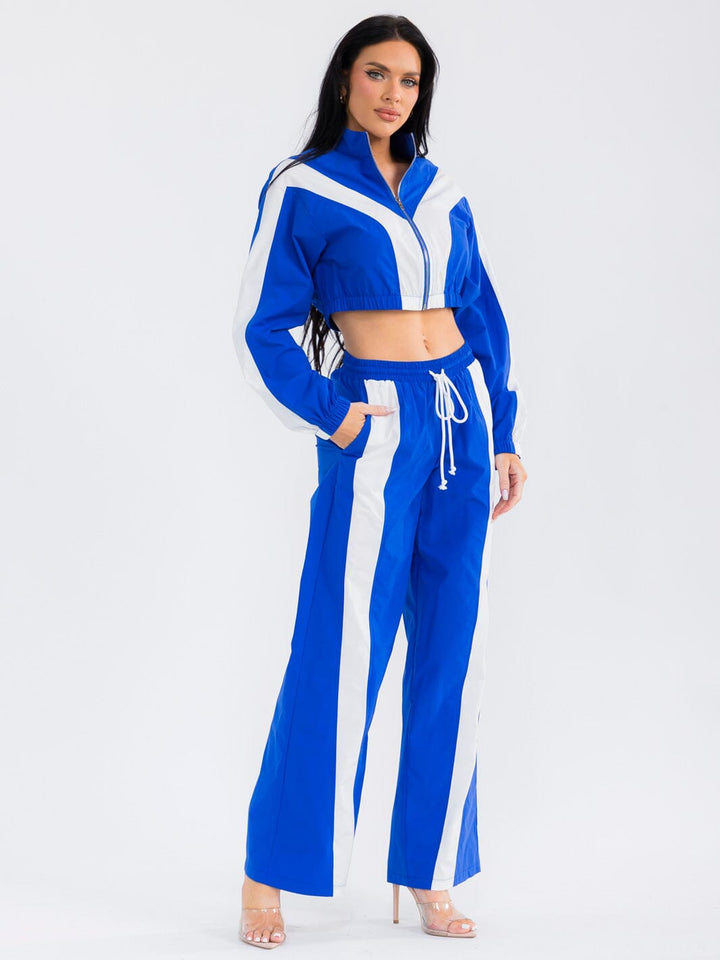 WOMEN'S LONG SLEEVE CROP JACKET & ELASTIC WAIST PANTS COLORBLOCK 2PC. SET