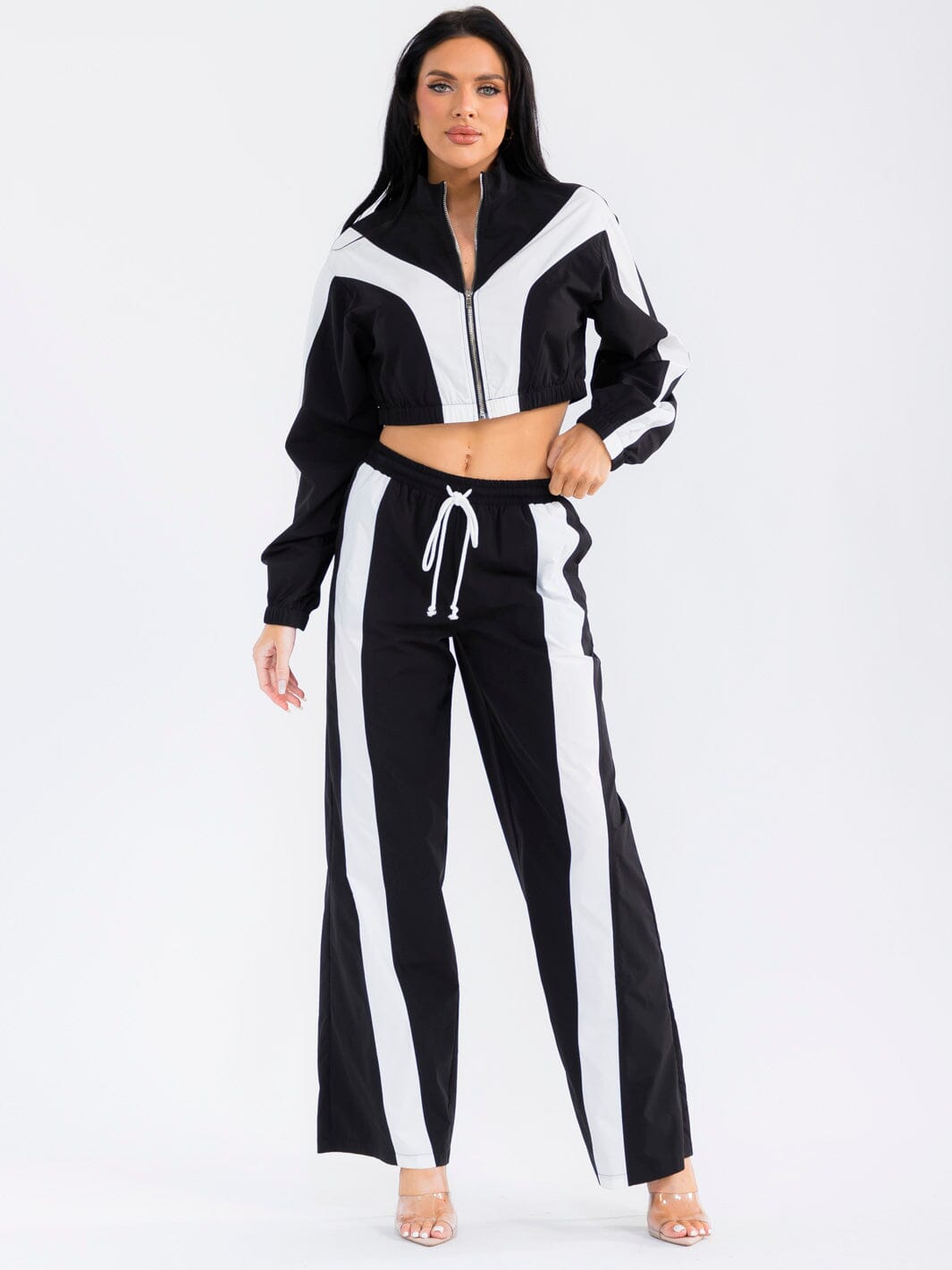 WOMEN'S LONG SLEEVE CROP JACKET & ELASTIC WAIST PANTS COLORBLOCK 2PC. SET