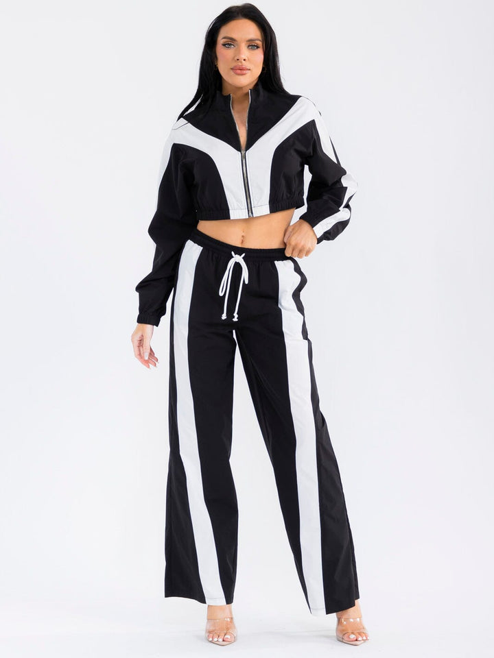 WOMEN'S LONG SLEEVE CROP JACKET & ELASTIC WAIST PANTS COLORBLOCK 2PC. SET