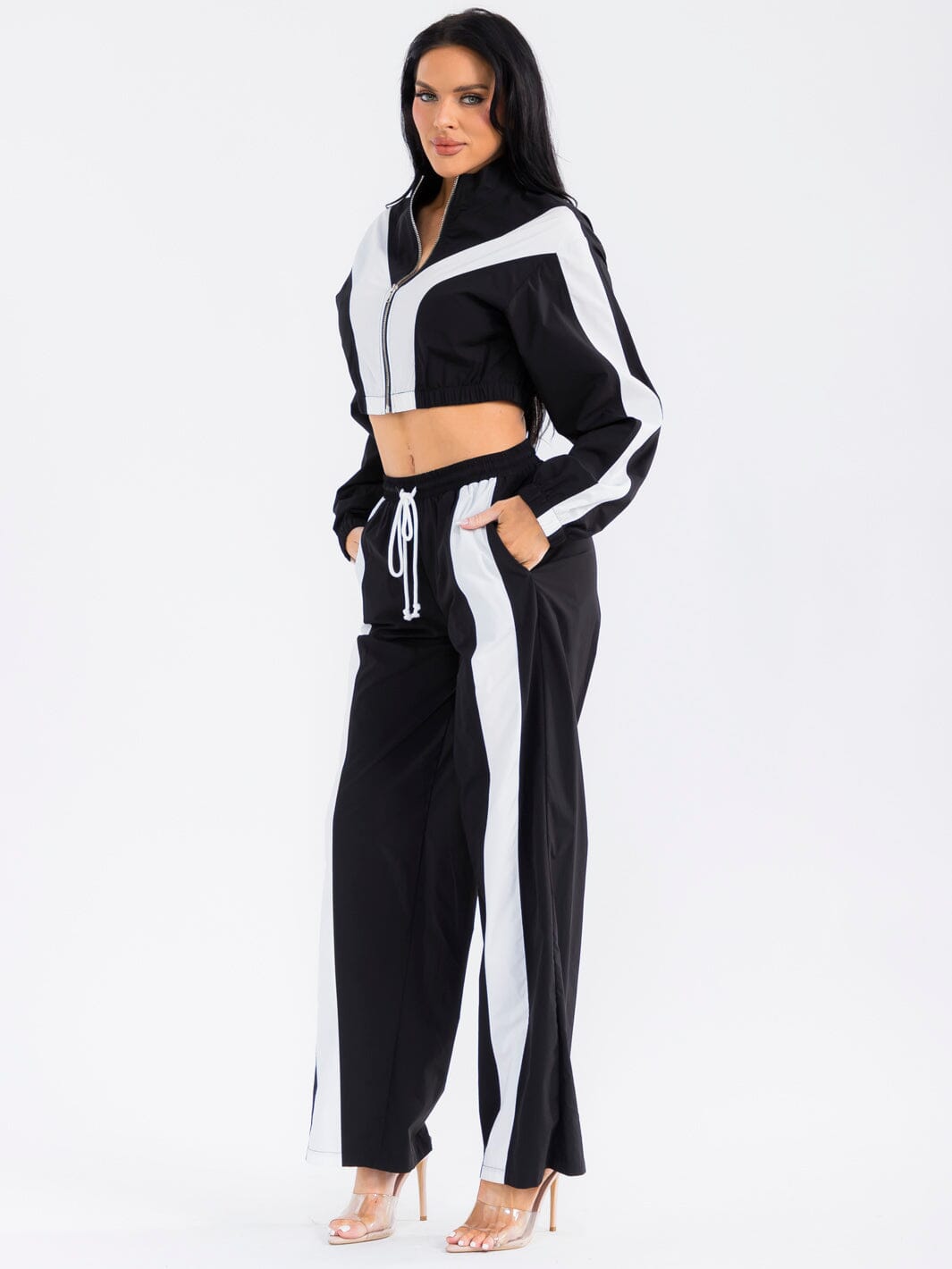 WOMEN'S LONG SLEEVE CROP JACKET & ELASTIC WAIST PANTS COLORBLOCK 2PC. SET