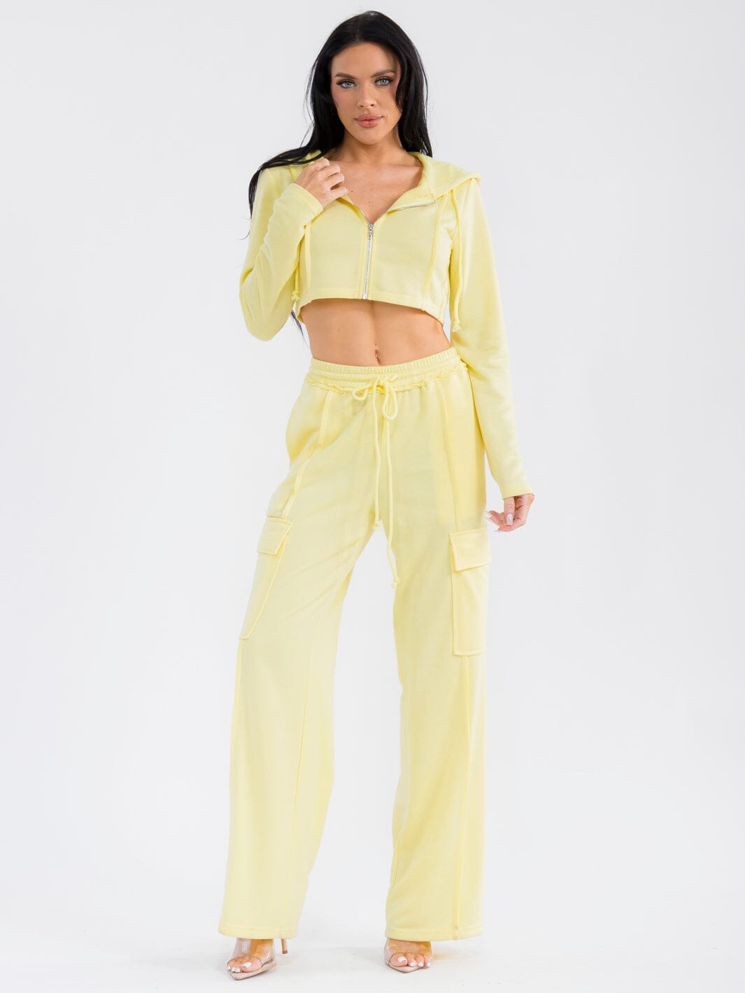 WOMEN'S LONG SLEEVE CROP JACKET & ELASTIC WAIST PANTS SOLID 2PC. SET