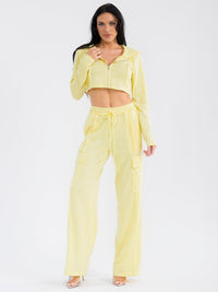 WOMEN'S LONG SLEEVE CROP JACKET & ELASTIC WAIST PANTS SOLID 2PC. SET
