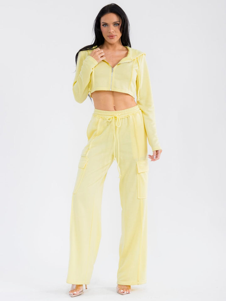 WOMEN'S LONG SLEEVE CROP JACKET & ELASTIC WAIST PANTS SOLID 2PC. SET