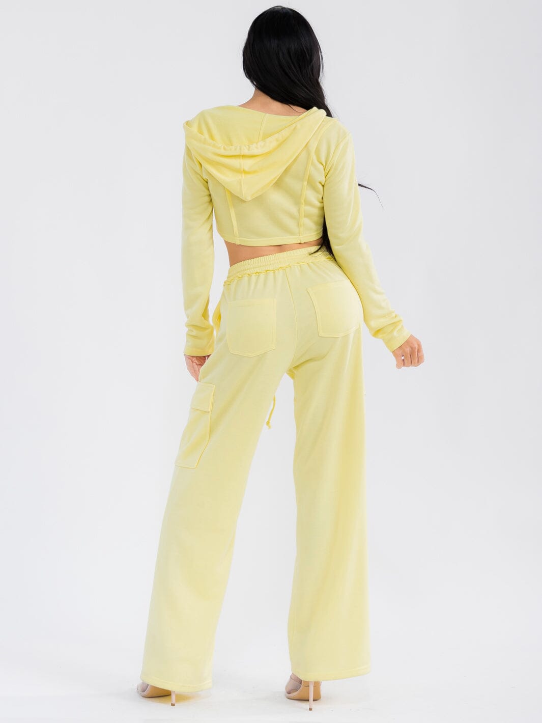 WOMEN'S LONG SLEEVE CROP JACKET & ELASTIC WAIST PANTS SOLID 2PC. SET
