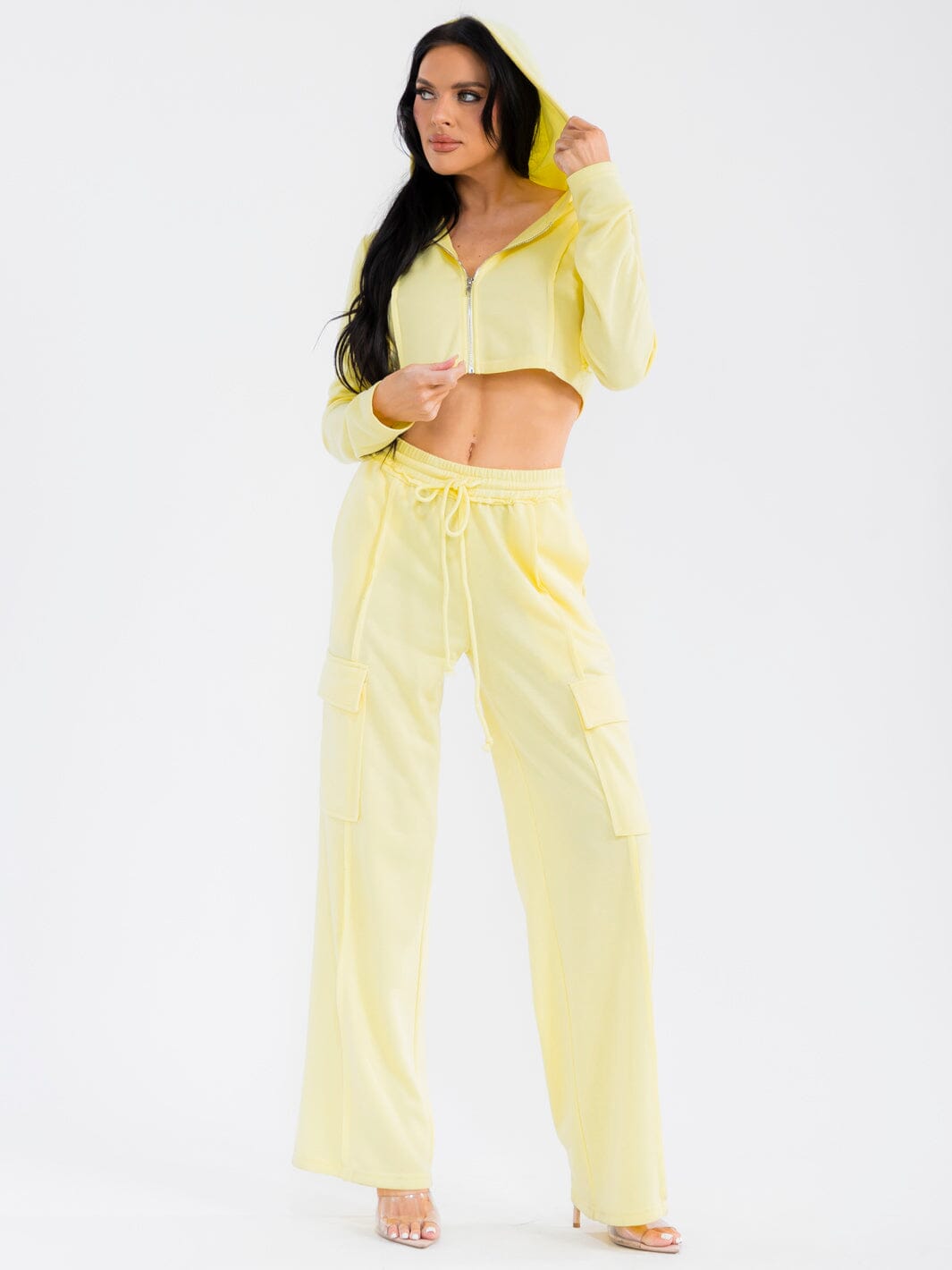 WOMEN'S LONG SLEEVE CROP JACKET & ELASTIC WAIST PANTS SOLID 2PC. SET