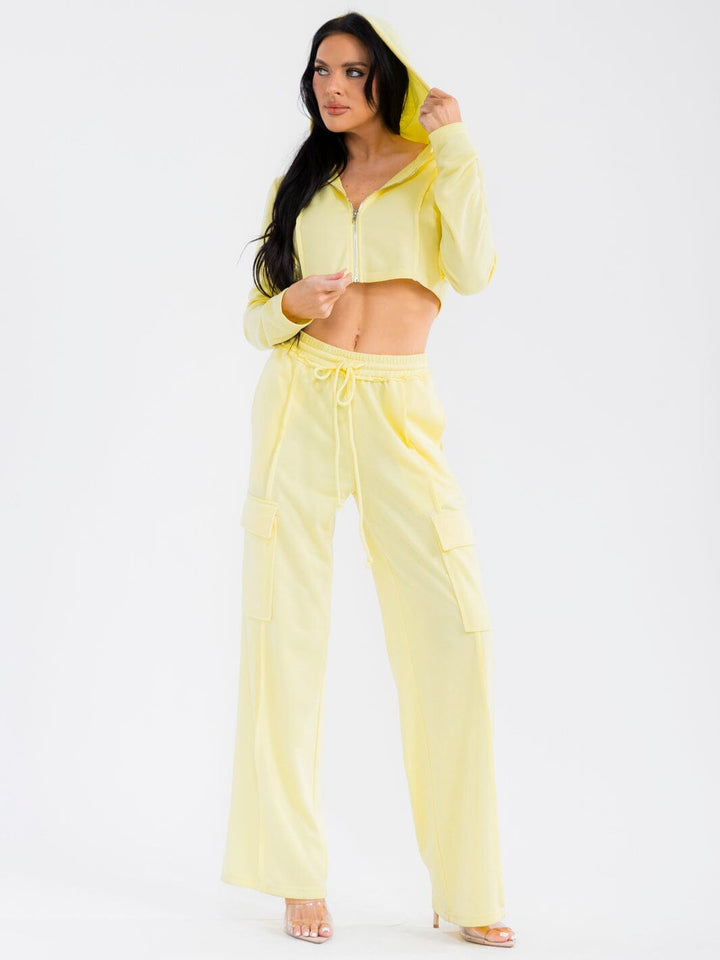 WOMEN'S LONG SLEEVE CROP JACKET & ELASTIC WAIST PANTS SOLID 2PC. SET