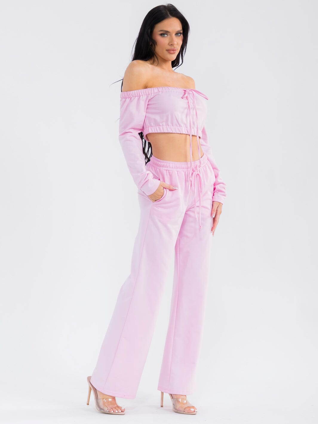 WOMEN'S LONG SLEEVE CROP TOP & ELASTIC WAIST PANTS SOLID 2PC. SET