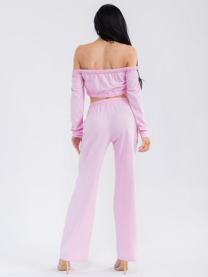 WOMEN'S LONG SLEEVE CROP TOP & ELASTIC WAIST PANTS SOLID 2PC. SET