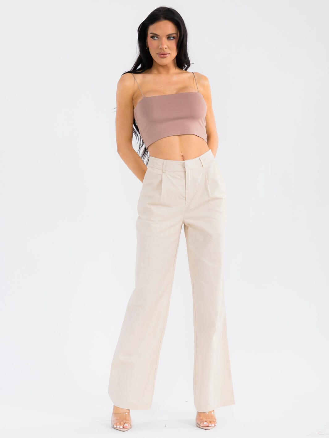 WOMEN'S BUTTON CLOSURE POCKETS STRAIGHT LEG PANTS