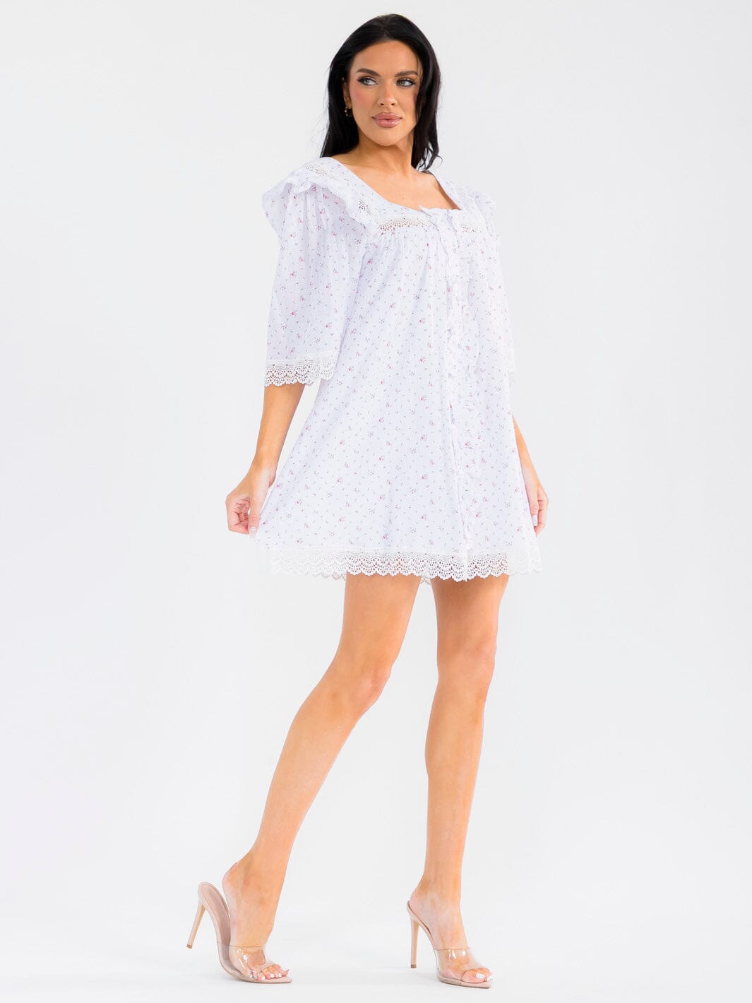 WOMEN'S SHORT SLEEVE SQUARE NECK LACE FLORAL TUNIC MINI DRESS