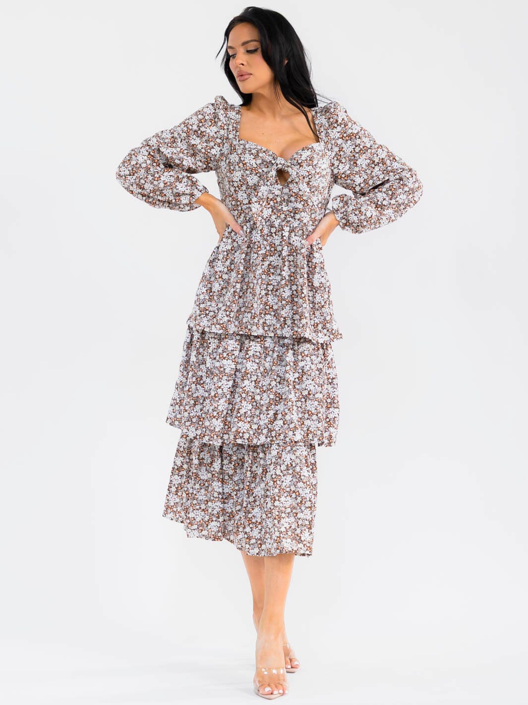 WOMEN'S LONG SLEEVE OPEN BACK TIERED FLORAL EMBROIDERY MAXI DRESS