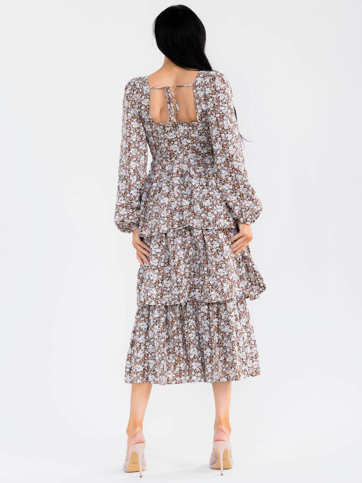 WOMEN'S LONG SLEEVE OPEN BACK TIERED FLORAL EMBROIDERY MAXI DRESS