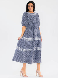 WOMEN'SSHORT SLEEVE ELASTIC WAIST FRONT POCKETS EMBROIDERY MAXI DRESS