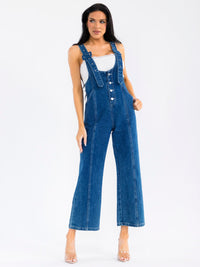 WOMEN'S SLEEVELESS BUTTON UP POCKETS DENIM WIDE LEG OVERALL