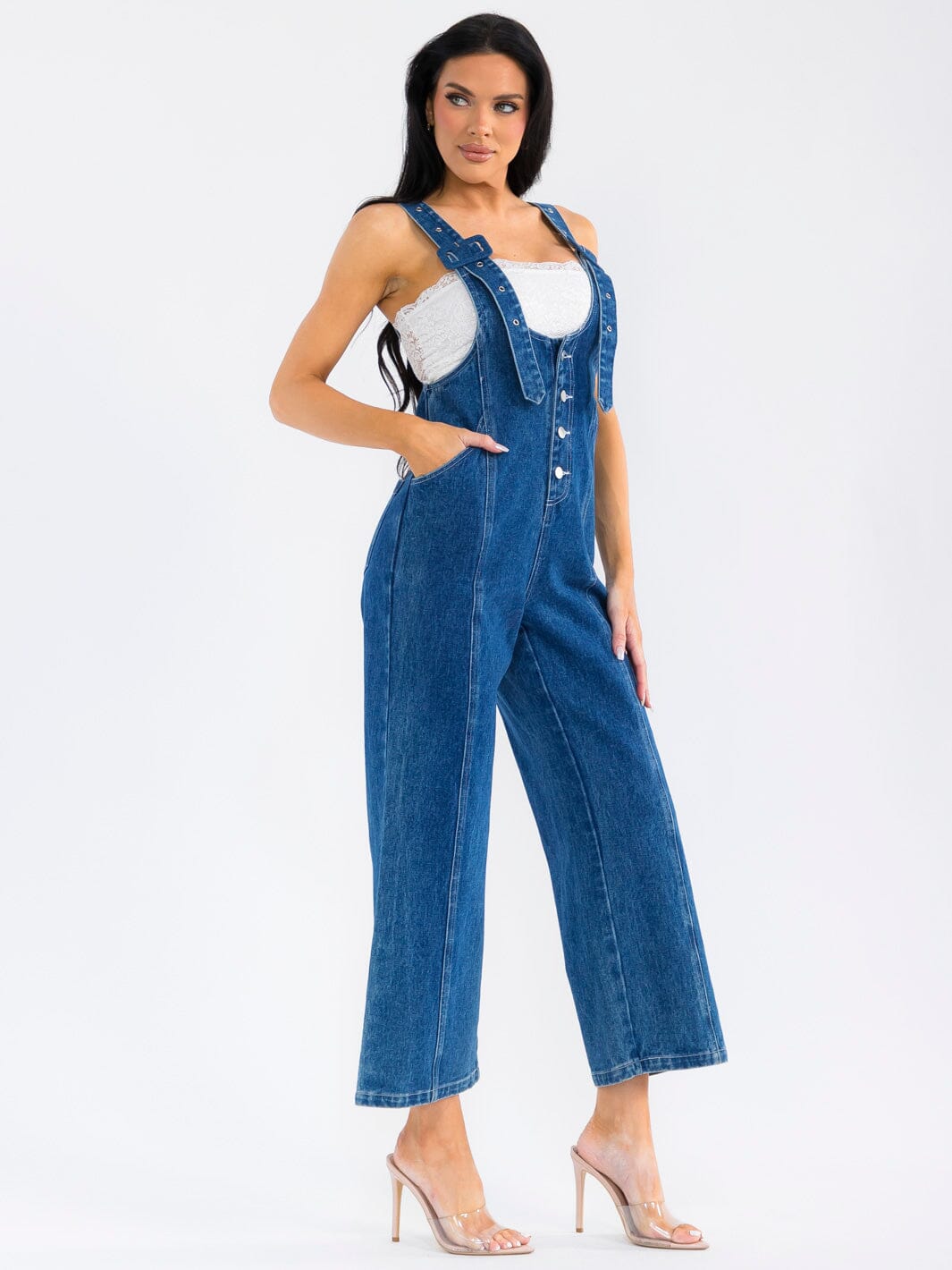 WOMEN'S SLEEVELESS BUTTON UP POCKETS DENIM WIDE LEG OVERALL