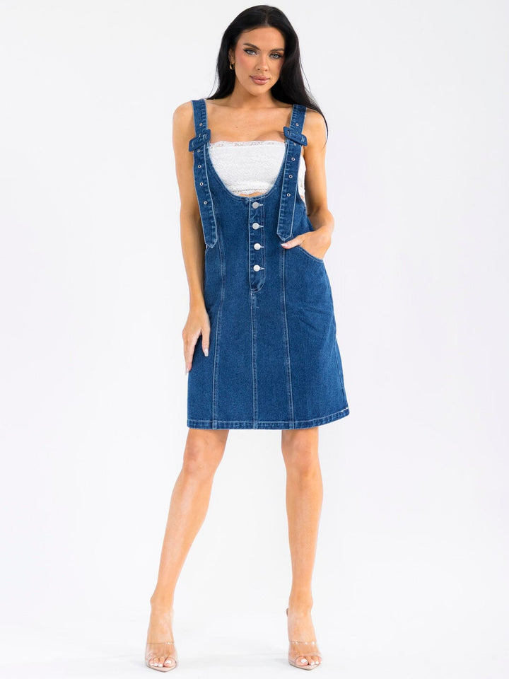 WOMEN'S SLEEVELESS BUTTON UP POCKETS DENIM OVERALL MINI DRESS