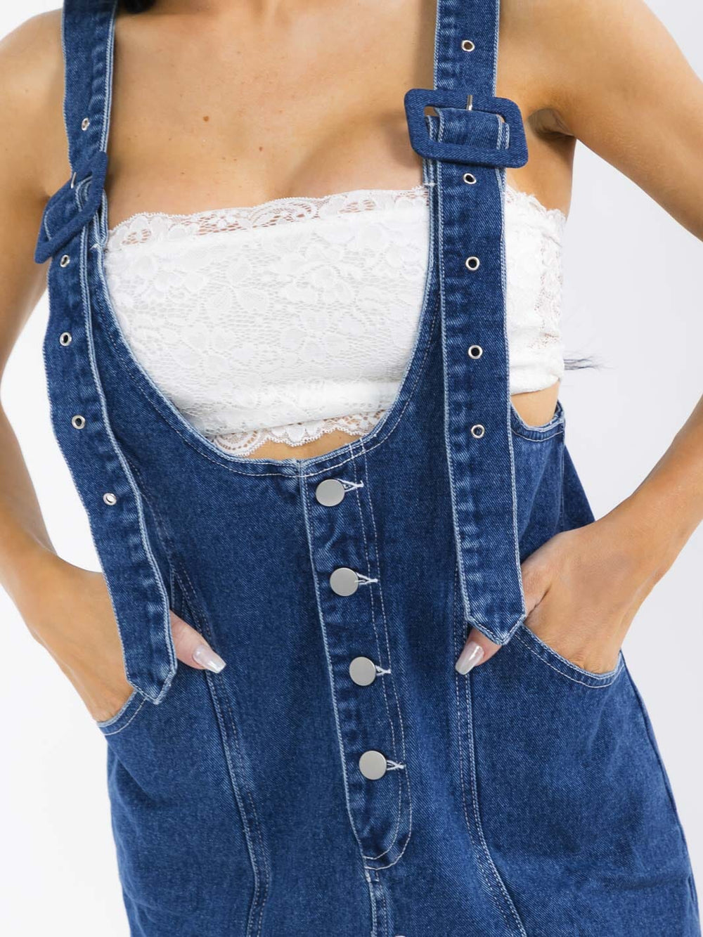WOMEN'S SLEEVELESS BUTTON UP POCKETS DENIM OVERALL MINI DRESS