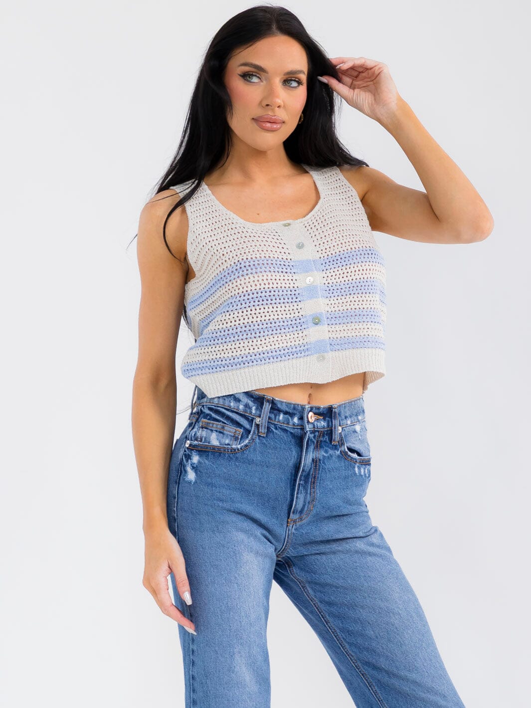 WOMEN'S SLEEVELESS BUTTON UP COLORBLOCK STRIPES KNIT TANK TOP