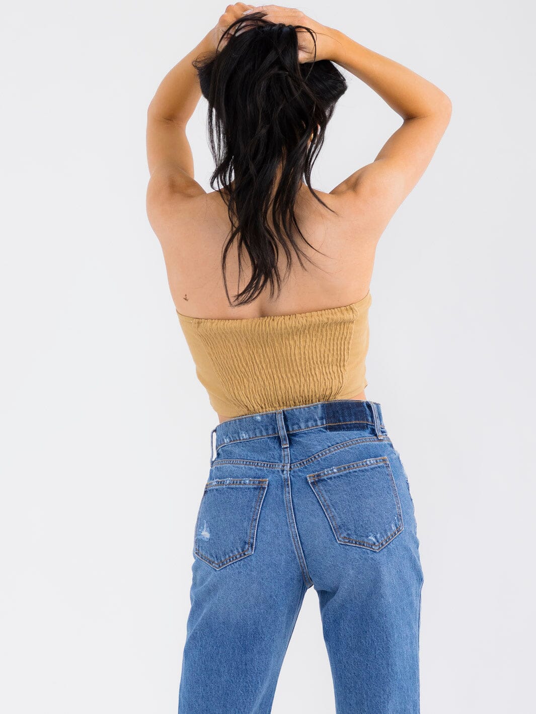 WOMEN'S SLEEVELESS SMOCK BACK DENIM TUBE CROP TOP