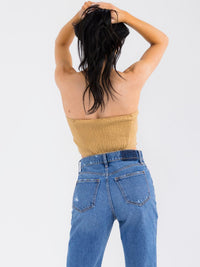 WOMEN'S SLEEVELESS SMOCK BACK DENIM TUBE CROP TOP