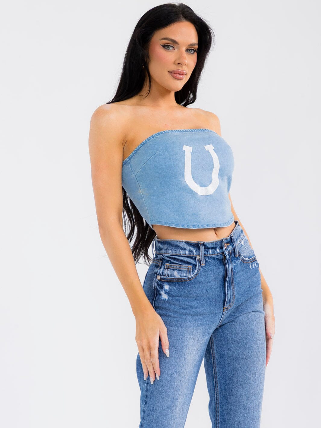 WOMEN'S SLEEVELESS SMOCK BACK DENIM TUBE CROP TOP