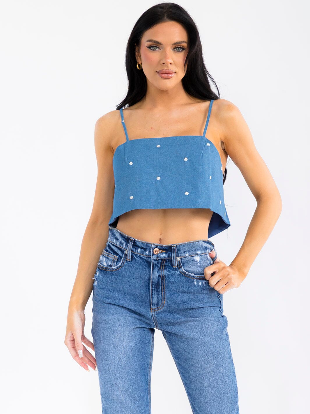 WOMEN'S SLEEVELESS OPEN BACK EMBROIDERY FLORAL DENIM CROP TOP