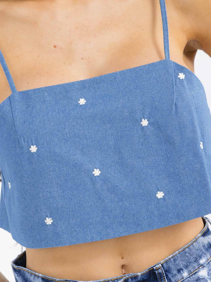 WOMEN'S SLEEVELESS OPEN BACK EMBROIDERY FLORAL DENIM CROP TOP