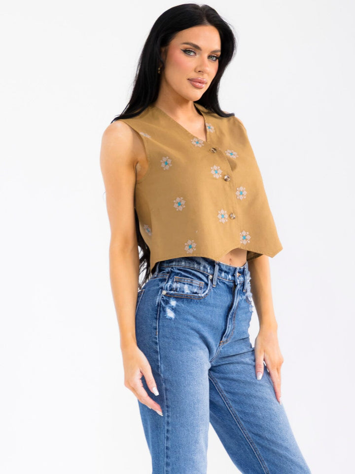 WOMEN'S SLEEVELESS BUTTON UP EMBROIDERY FLORAL LINEN VEST