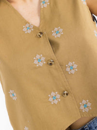 WOMEN'S SLEEVELESS BUTTON UP EMBROIDERY FLORAL LINEN VEST