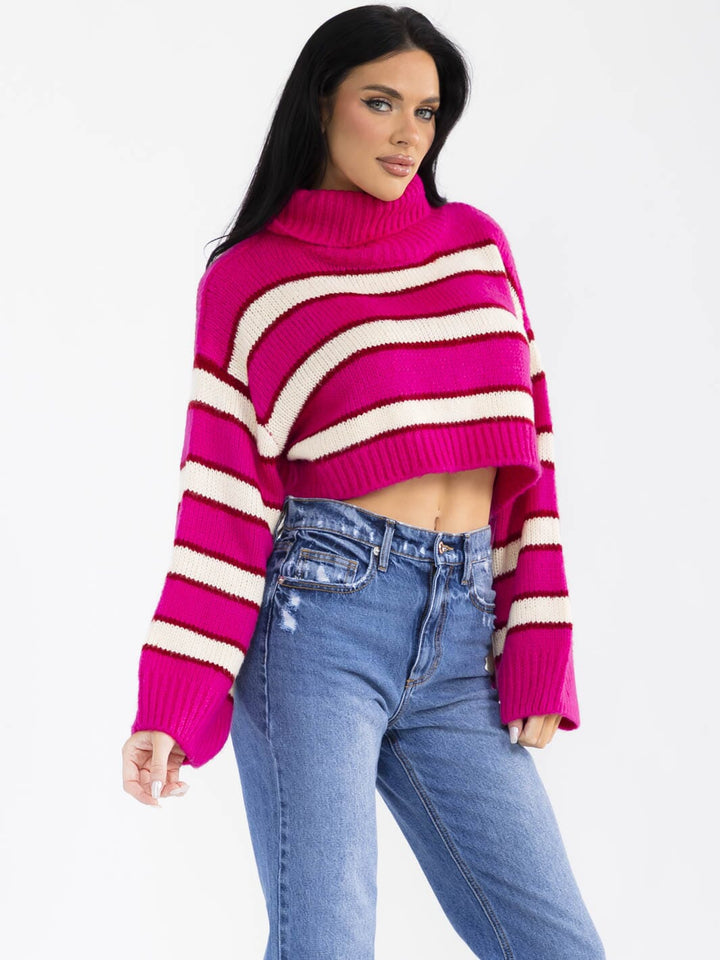 WOMEN'S LONG SLEEVE TURTLE NECK COLORBLOCK STRIPES PULLOVER CROP SWEATER