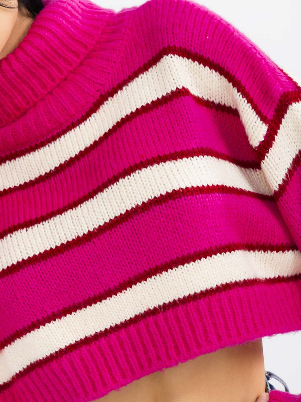 WOMEN'S LONG SLEEVE TURTLE NECK COLORBLOCK STRIPES PULLOVER CROP SWEATER