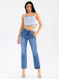 WOMEN'S SLEEVELESS SQUARE NECK DENIM WASHED CROP TOP