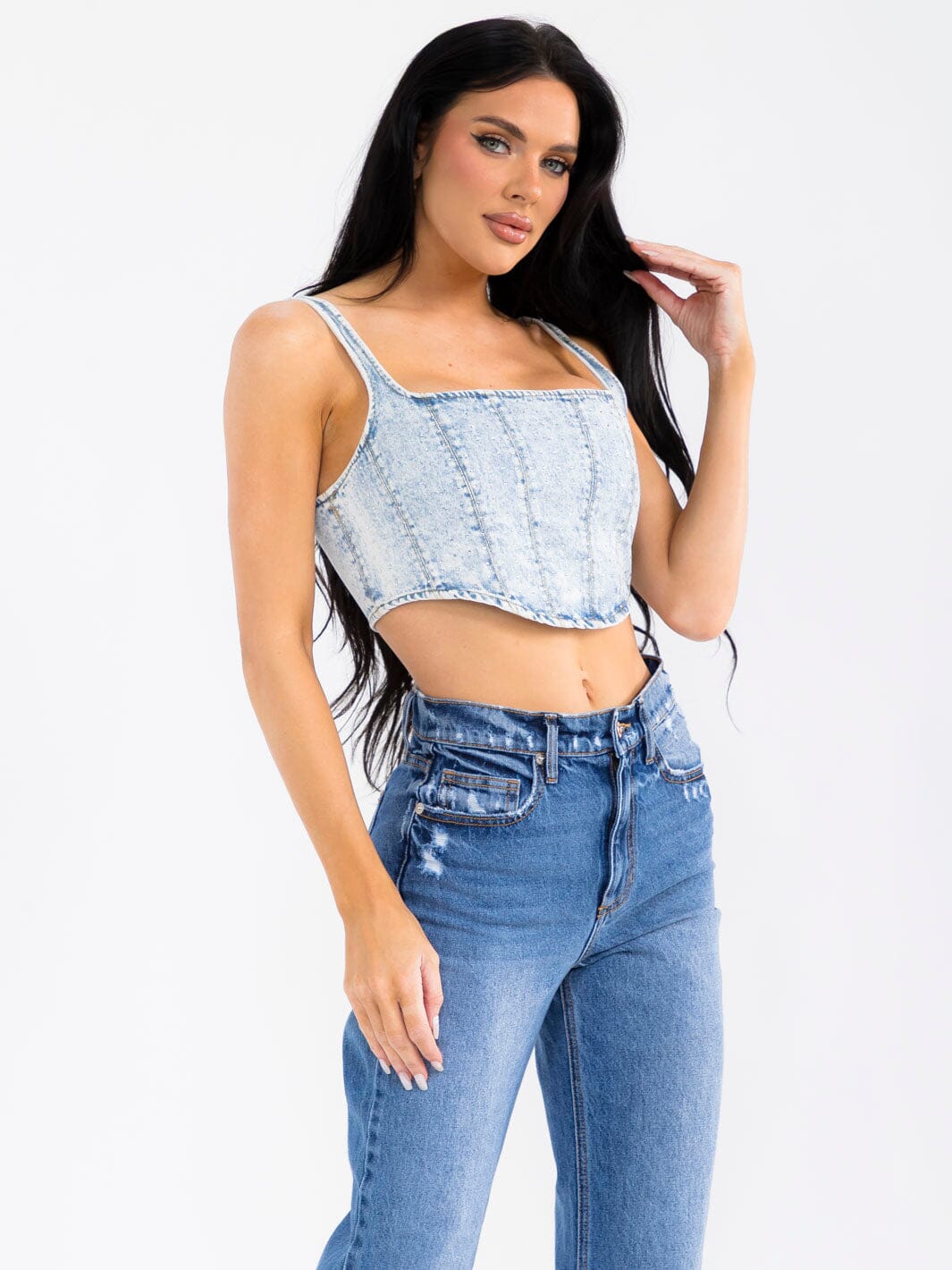 WOMEN'S SLEEVELESS SQUARE NECK DENIM WASHED CROP TOP