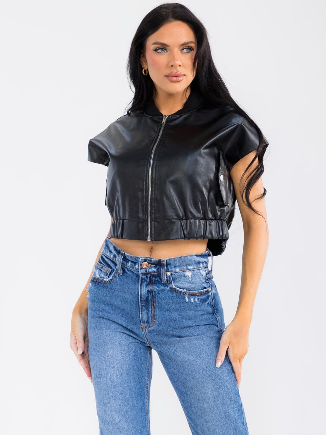 WOMEN'S SLEEVELESS ZIP UP FRONT POCKETS PU PLEATHER TOP