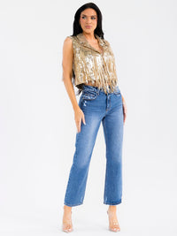 WOMEN'S SLEEVELESS BUTTON CLOSURE SEQUINS FRINGE CROP TOP