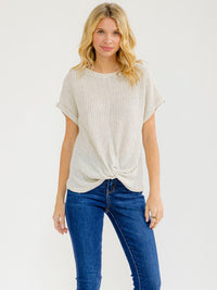 WOMEN'S SHORT SLEEVE FRONT KNOT SWEATER TOP
