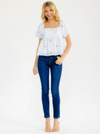 WOMEN'S SHORT SLEEVE SMOCK CHERRY EMBROIDERY PLAID LOOSE FIT BLOUSE