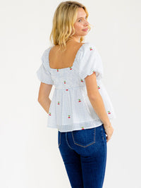 WOMEN'S SHORT SLEEVE SMOCK CHERRY EMBROIDERY PLAID LOOSE FIT BLOUSE