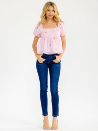 WOMEN'S SHORT SLEEVE SMOCK CHERRY EMBROIDERY PLAID LOOSE FIT BLOUSE