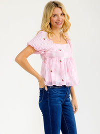 WOMEN'S SHORT SLEEVE SMOCK CHERRY EMBROIDERY PLAID LOOSE FIT BLOUSE