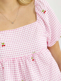 WOMEN'S SHORT SLEEVE SMOCK CHERRY EMBROIDERY PLAID LOOSE FIT BLOUSE