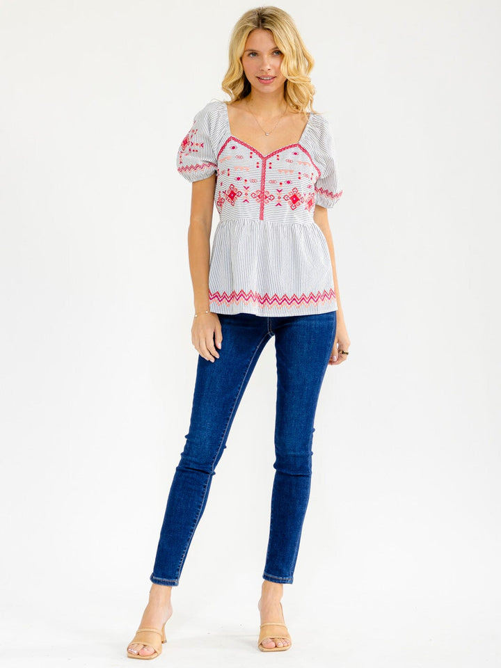 WOMEN'S SHORT SLEEVE V-NECK STRIPES EMBROIDERY BLOUSE