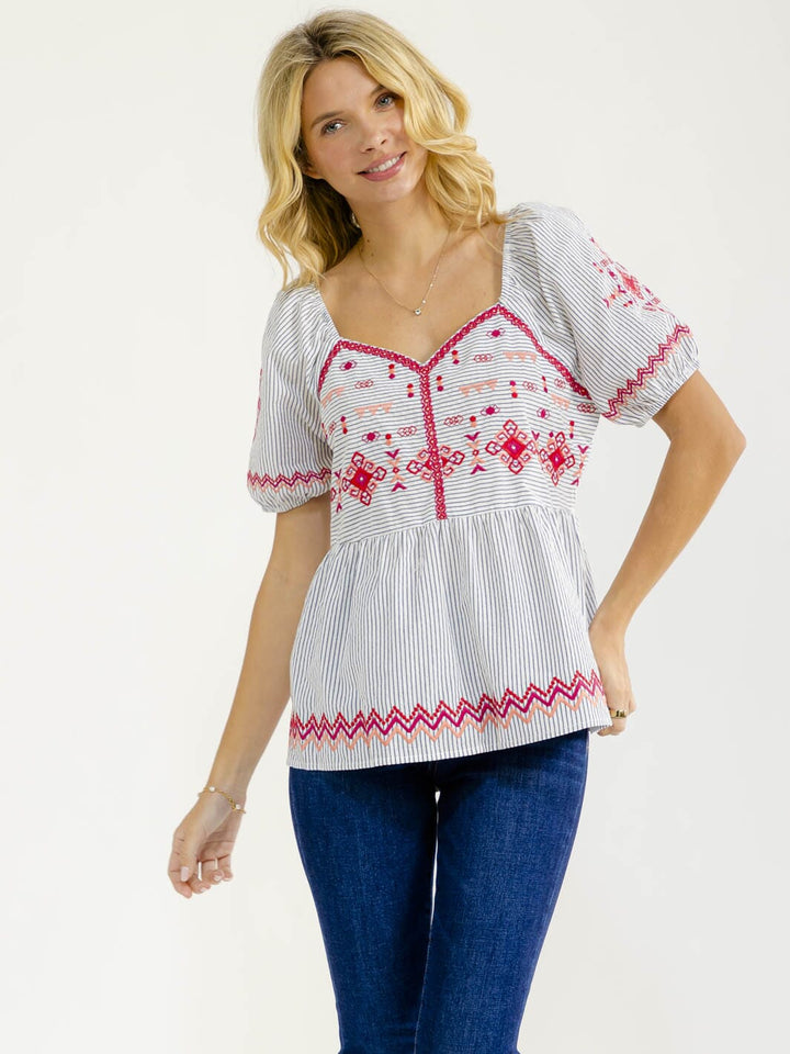 WOMEN'S SHORT SLEEVE V-NECK STRIPES EMBROIDERY BLOUSE
