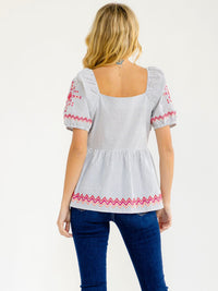 WOMEN'S SHORT SLEEVE V-NECK STRIPES EMBROIDERY BLOUSE