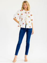 WOMEN'S SHORT SLEEVE FRONT TIE CHERRY EMBROIDERY LOOSE FIT BLOUSE